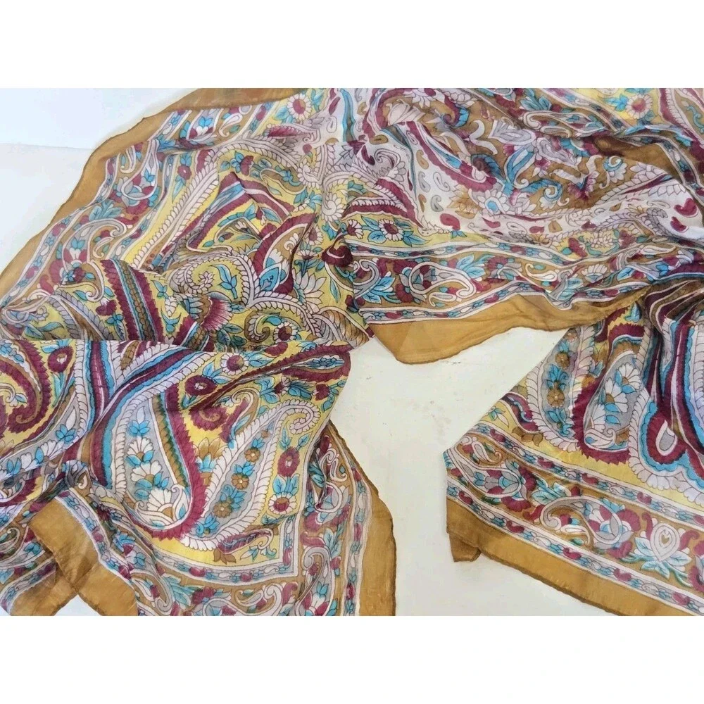 Vintage 100% Pure Silk Scarf India Blue Floral‎ Paisley Boho Square Wrap